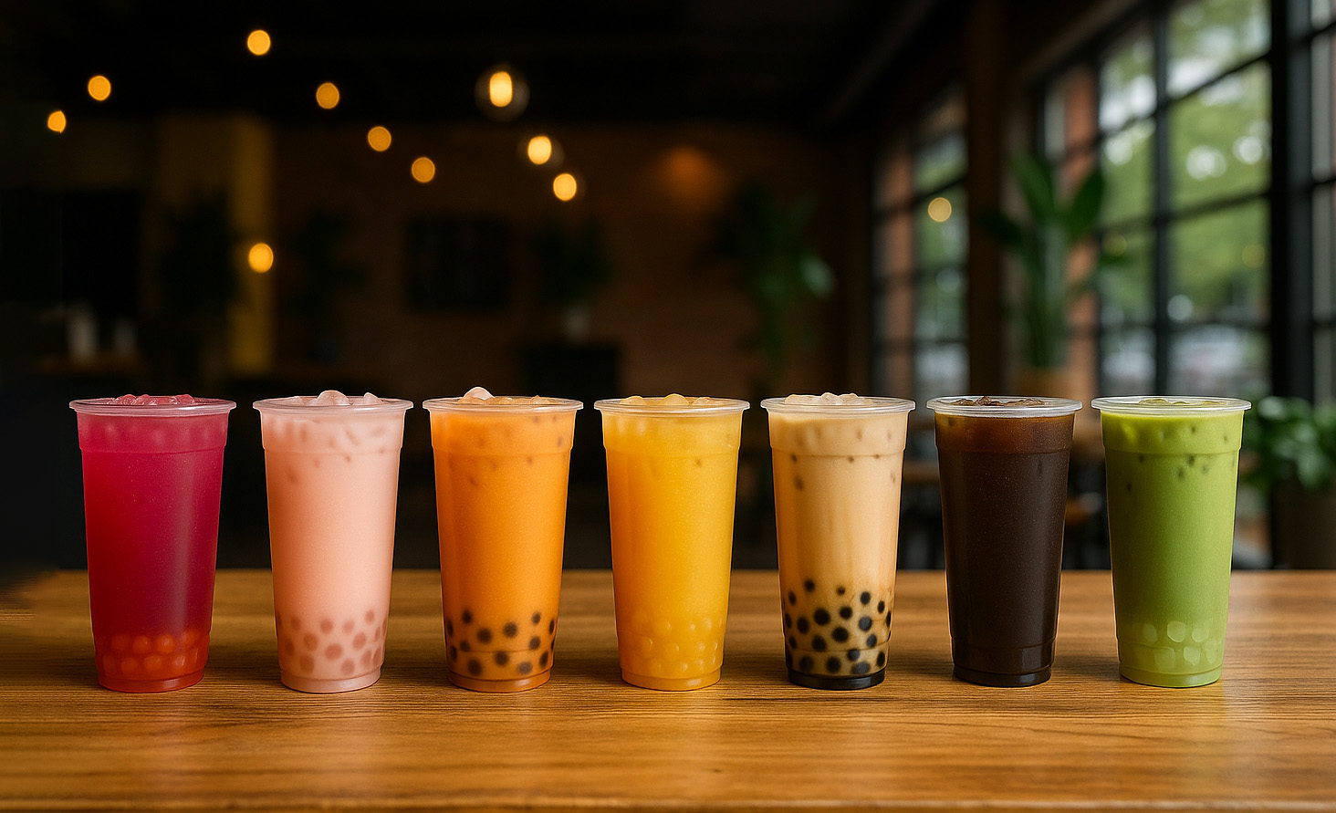 Seven colorful bubble tea drinks in clear cups at La Cà Café Tacoma including strawberry, taro, mango, passion fruit, classic milk tea with tapioca pearls, coffee, and matcha green tea, arranged on wooden table with warm café lighting and plants